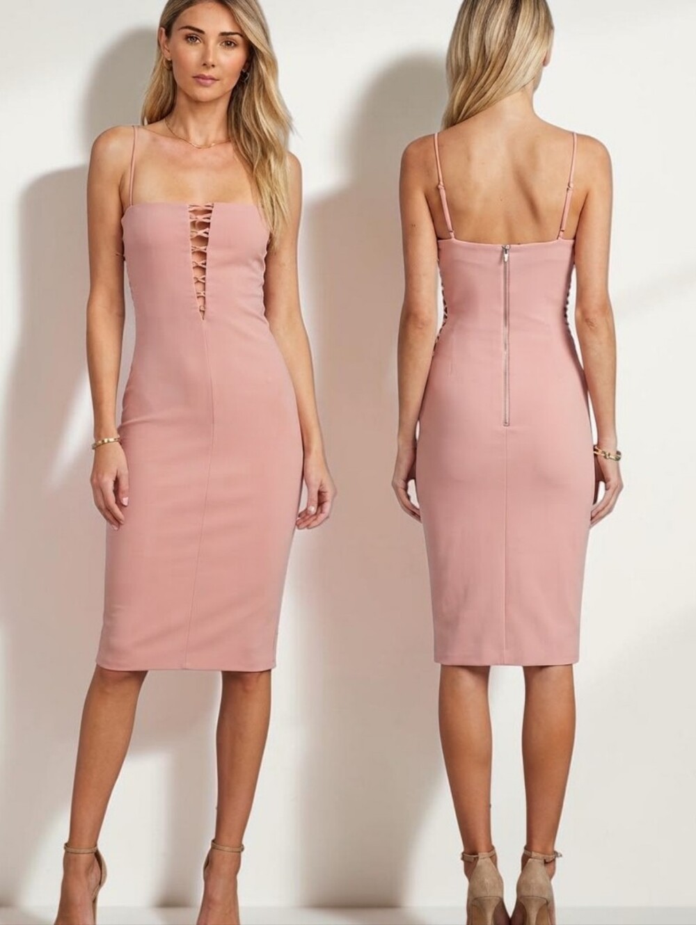 BEC & BRIDGE Metamorphic Deep Plunge Pencil Dress In Blush - Size 4
